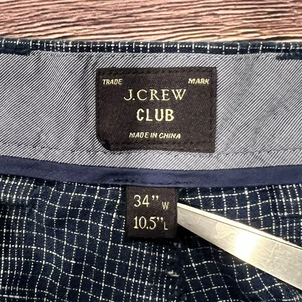 J Crew Club Men's 100% Linen Blue Plaid Chino Shorts Flat Front Size‎ 34 10.5 L
